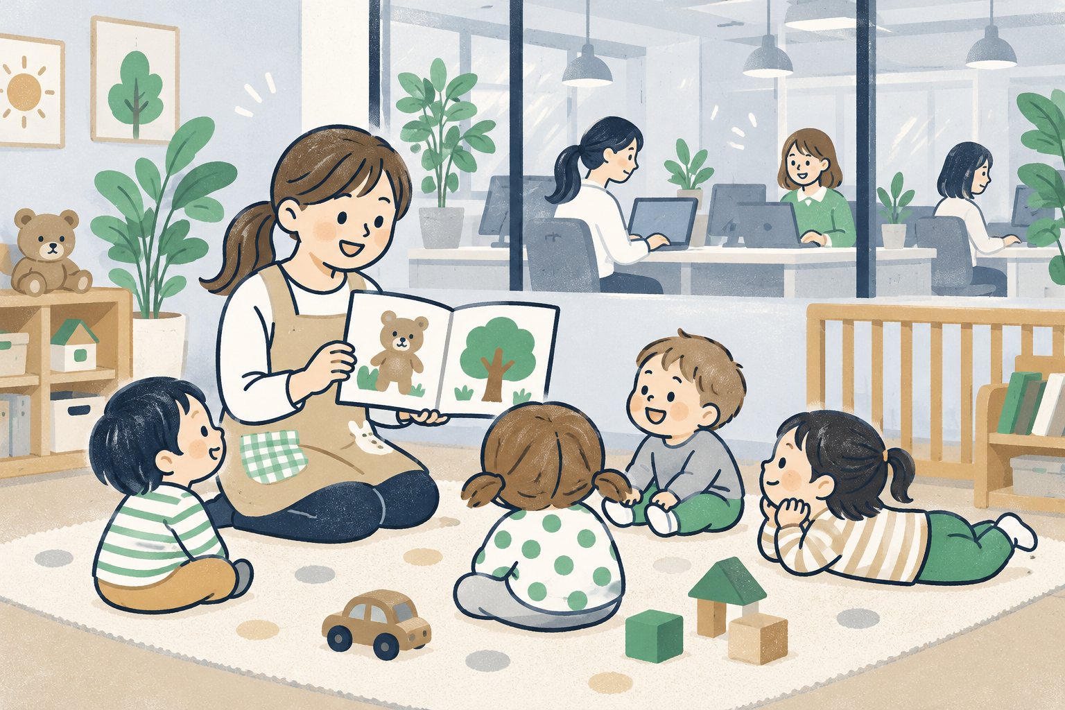 保育室で子どもと遊ぶ保育スタッフ